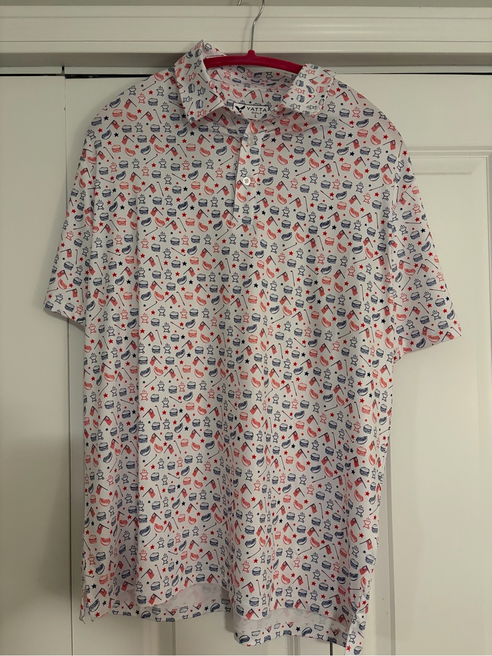 Summer/ 4th of July White Short-Sleeve Polo with grills burgers hot dogs etc
